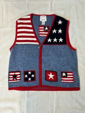 VTG Christopher & Banks Vest All  American Flag Hand Embroidered USA Patriotic L